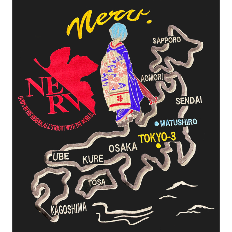 EVA×錦 舞妓綾波NERV地図柄Tシャツ/黒/M(M 黒): ファッション